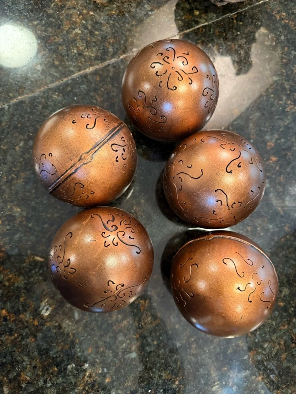 Hammered Copper Decorative Bowl Filler Balls, Black Bamboo & Wrapped Vines Orbs